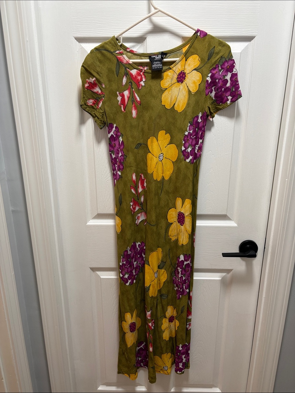 Saint Tropez West Olive Green Maxi Dress with Yellow & Purple Floral Print
